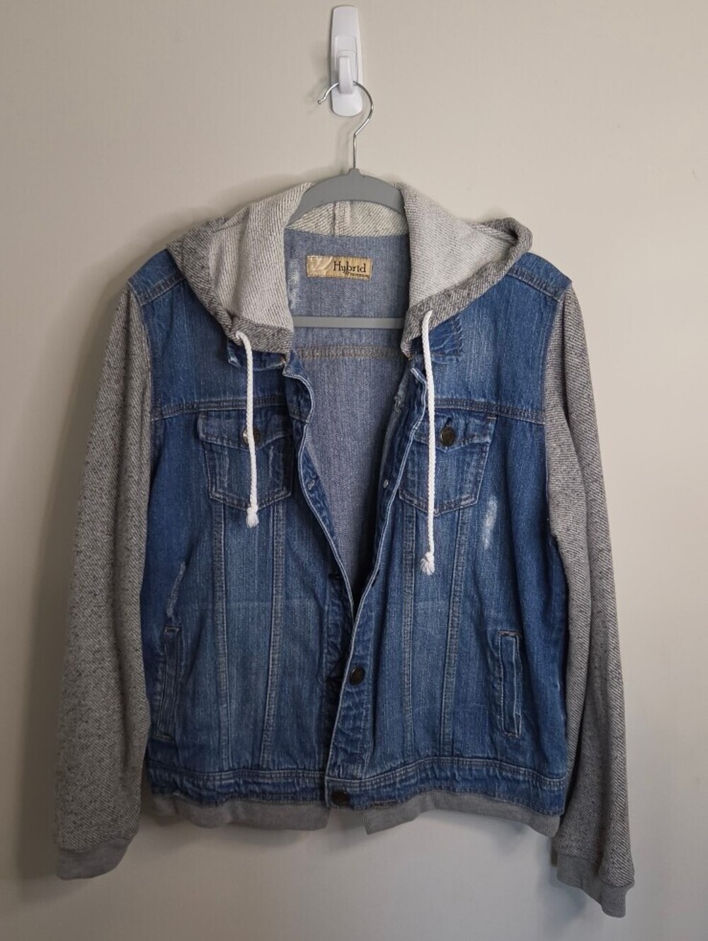 Hybrid & Company Womens Plus Sz 2X Denim and Gray Hooded Jacket